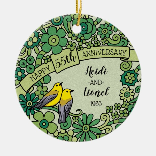 Personalised 55th Anniversary Emerald Floral Birds Ceramic Tree Decoration (Front)