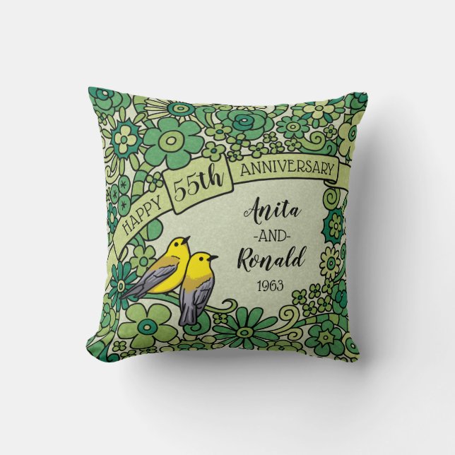 Personalised 55th Anniversary Emerald Floral Birds Cushion (Front)