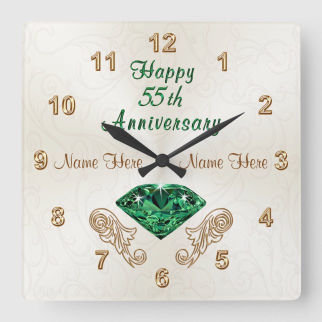 Personalised 55th Anniversary Gifts, Emerald Clock (Front)