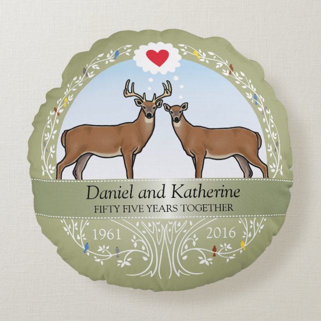 Personalised 55th Wedding Anniversary, Buck & Doe Round Cushion (Front)