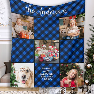 Personalised 5 Photo Collage Blue Buffalo Plaid Fleece Blanket