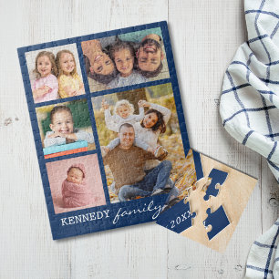 Personalised 5 Photo Collage Family Name Blue  Jigsaw Puzzle