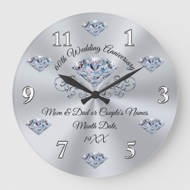 Personalised 60 year Wedding Anniversary Gift Large Clock (Front)