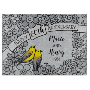 Personalised 60th Anniversary, Diamond Floral Bird Cutting Board