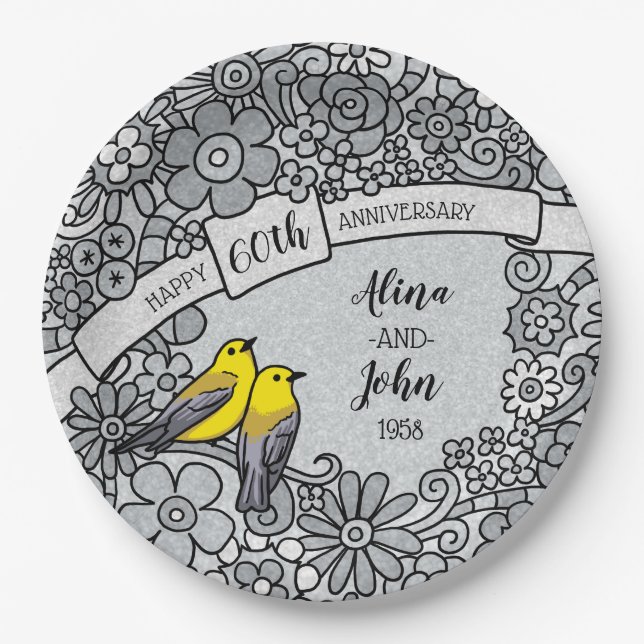 Personalised 60th Anniversary Diamond Floral Birds Paper Plate (Front)