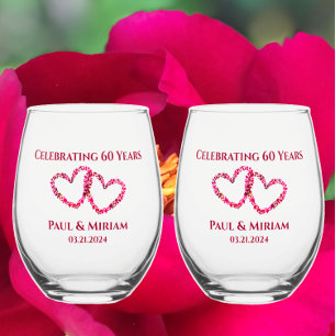Personalised 60th Anniversary Floral Heart Gift Stemless Wine Glass