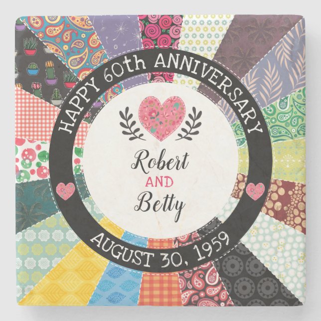 Personalised 60th Anniversary, Patchwork Quilt Stone Coaster (Front)
