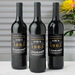 Personalised 60th Birthday 1963 Add Name Legendary Wine Label<br><div class="desc">Personalised Birthday born in 1963 Add your name birthday wine bottle labels. Edit the name and year with the template provided. A wonderful custom black birthday idea. More gifts and party supplies available with the "Legendary" design in the store.</div>