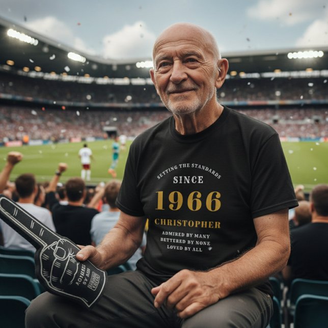 Personalised 60th Birthday 1966 Name Black Gold T-Shirt (60th birthday tshirt worn at a football match)