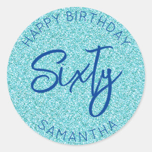 Personalised 60th Birthday Blue Glitter Sixty Classic Round Sticker