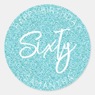 Personalised 60th Birthday Blue Glitter Sixty Classic Round Sticker