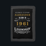 Personalised 60th Birthday Born 1961 Vintage Black Trifold Wallet<br><div class="desc">A personalised wallet design for those born in 1961 and turning 60. Add the name to this vintage retro style black, white and gold design for a custom 60th birthday gift. Easily edit the name and year with the template provided. A wonderful custom black birthday gift. More gifts and party...</div>