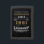 Personalised 60th Birthday Born 1961 Vintage Black Trifold Wallet<br><div class="desc">A personalised wallet design for those born in 1961 and turning 60. Add the name to this vintage retro style black, white and gold design for a custom 60th birthday gift. Easily edit the name and year with the template provided. A wonderful custom black birthday gift. More gifts and party...</div>