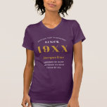 Personalised 60th Birthday Purple Gold For Her T-Shirt<br><div class="desc">Personalised birthday gold and white typography ladies T-shirt. Easily customise the text on this "Birthday" T shirt using the template provided.</div>