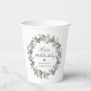 Personalised 65th Birthday Purple Lilac Flower Paper Cups