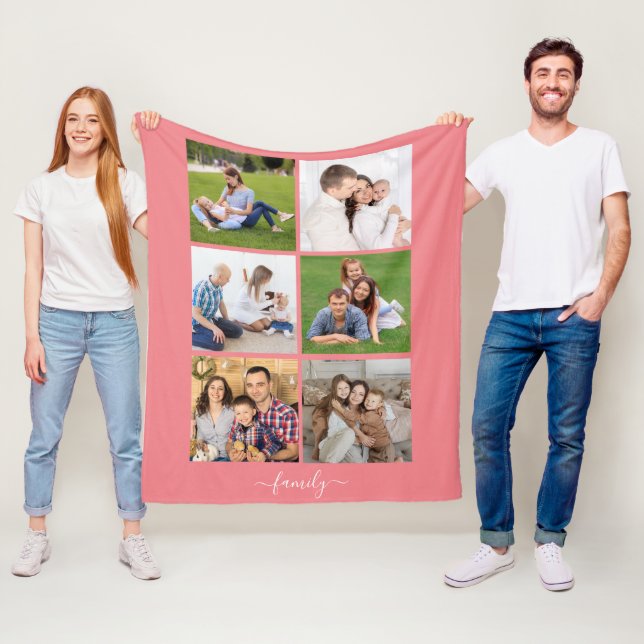 Personalised 6 Photo Collage family, Custom text Fleece Blanket (In Situ)