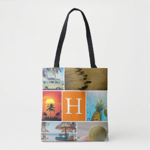 Personalised 6 Photo Collage Monogrammed Orange Tote Bag