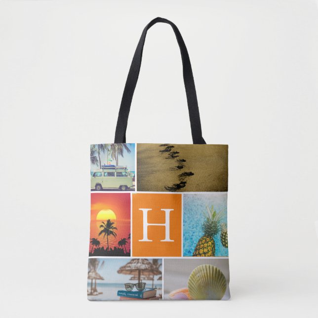 Personalised 6 Photo Collage Monogrammed Orange Tote Bag (Front)