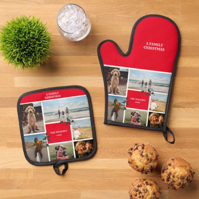 Personalised 6 Photo Family Collage Christmas Oven Mitt & Pot Holder Set (Top Down)