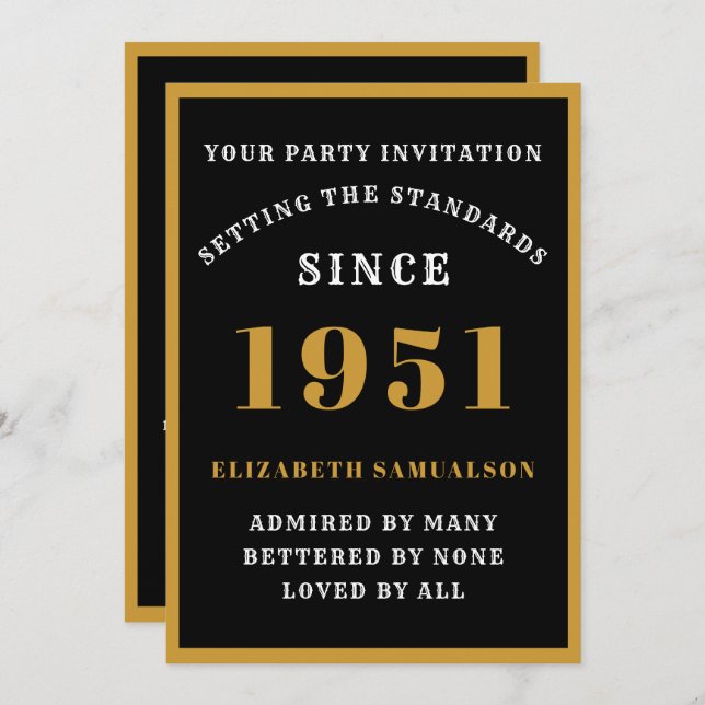 Personalised 70th Birthday 1951 Elegant Black Gold Invitation (Front/Back)