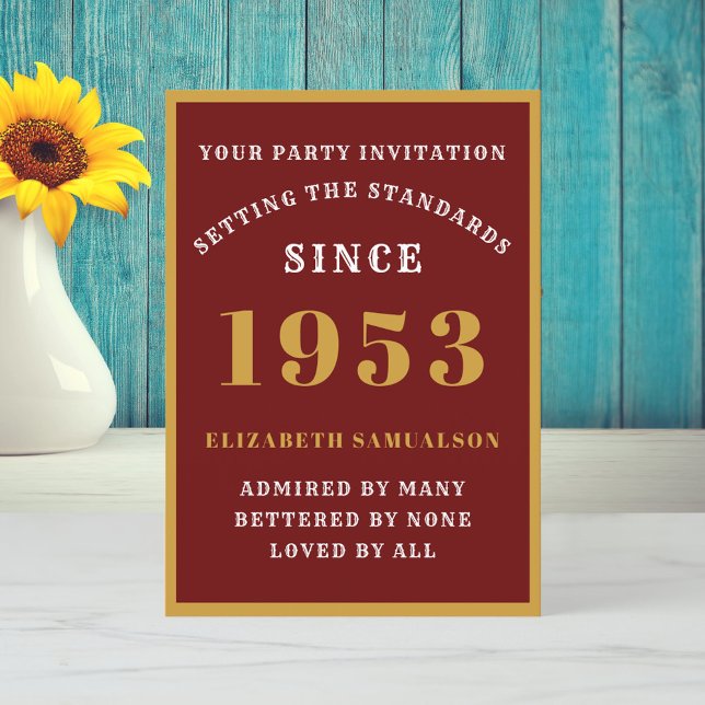 Personalised 70th Birthday 1953 Elegant Red Gold Invitation (Creator Uploaded)