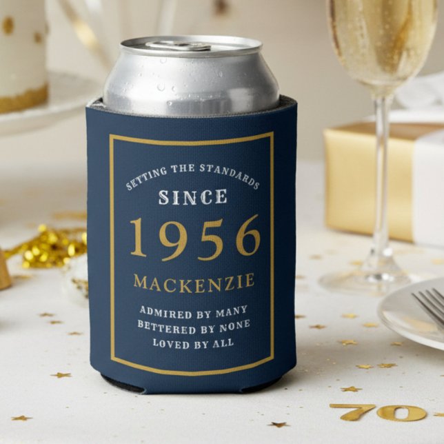 Personalised 70th Birthday 1956 Elegant Blue Gold Can Cooler (1956 blue can cooler. White background.)