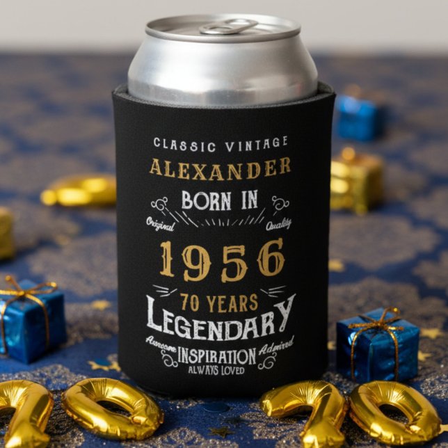 Personalised 70th Birthday 1956 Vintage Legendary Can Cooler (70th birthday 1956 can cooler on a party table.)