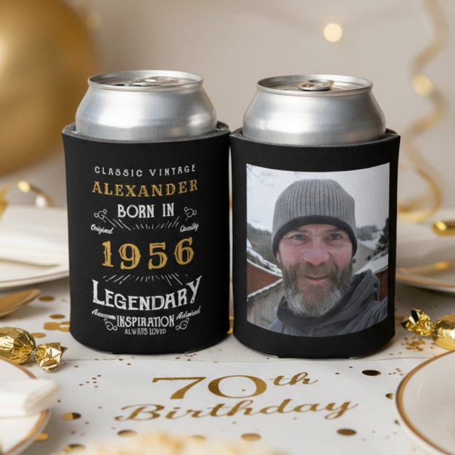 Personalised 70th Birthday Vintage Photo Keepsake Can Cooler (2 can coolers showing front and back with a white background.)