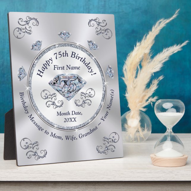 Personalised 75th Birthday Gifts for a Woman, Plaque (Side)