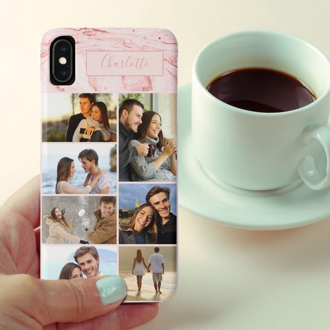 Personalised 7 Photo Collage on Pink Marble Case-Mate iPhone Case (Creator Uploaded)