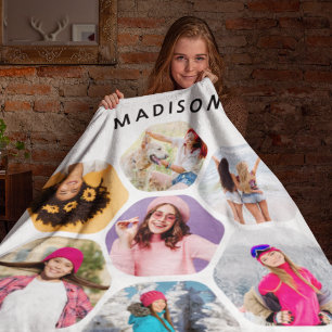 Personalised 7 Photo Hexagon Collage Name Fleece Blanket