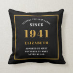 Personalised 80th Birthday 1941 Elegant Chic Black Cushion<br><div class="desc">For those born in 1941 and celebrating their 80th birthday we have the ideal surprise birthday party throw pillow gift. The black background with a white and gold design is simple and yet elegant. Easily customise the text to the front and the interior of these party supplies using the template...</div>