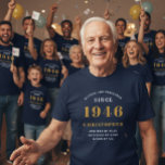 Personalised 80th Birthday 1946 Add Name Blue Gold T-Shirt<br><div class="desc">Personalised birthday men's tshirt in blue and gold for those born in 1946. Easily customise all the text on this "Birthday" T shirt using the template provided. Part of the "Setting Standards" range of birthday ideas.</div>