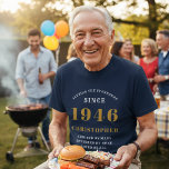 Personalised 80th Birthday 1946 Name Black Gold T-Shirt<br><div class="desc">Celebrate a landmark birthday in style with this elegant and personalizable "Setting the Standards Since 1946" t-shirt. This custom tee makes the perfect 80th birthday gift for the amazing man in your life—a father, grandfather, husband, or friend. The blue short-sleeve, cotton t-shirt is designed for a comfortable, classic fit. The...</div>