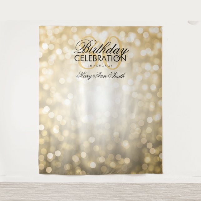 Personalised 80th Birthday Backdrop Gold Lights Tapestry (Front)