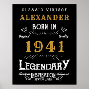 Personalised 80th Birthday Born 1941 Vintage Black Poster