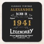 Personalised 80th Birthday Born 1941 Vintage Black Square Paper Coaster<br><div class="desc">A personalised classic paper coaster design for that birthday celebration for somebody born in 1941 and turning 80. Add the name to this vintage retro style black, white and gold design for a custom 80th birthday gift. Easily edit the name and year with the template provided. A wonderful custom black...</div>