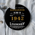Personalised 80th Birthday Born 1942 Vintage Black 6 Cm Round Badge<br><div class="desc">A personalised huge button / pin badge for that birthday person born in 1942 and turning 80. Add the name to this vintage retro style black, white and gold design for a custom 80th birthday gift. Easily edit the name and year with the template provided. A wonderful custom black birthday...</div>