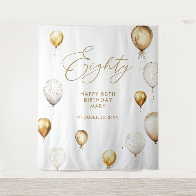 Personalised 80th Birthday Gold Balloon Tapestry (Front)