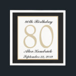 Personalised 80th Birthday Party Napkins<br><div class="desc">This classy formal design features a black border with a thin gold border,  as well as a watermark in the background for the age. If you need a different colour scheme please message me. To change the font style,  size or colour,  click on the Customise It button.</div>