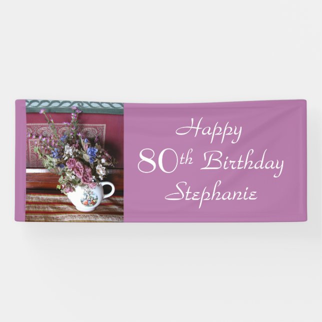 Personalised 80th Birthday Vintage Teapot Purple Banner (Horizontal)