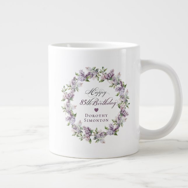 Personalised 85th Birthday Gift Purple Lilac Large Coffee Mug (Right)