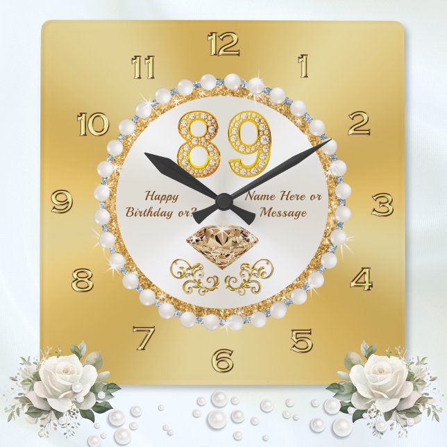 Personalised, 89th Birthday Gift Ideas, STUNNING Square Wall Clock (89th birthday gift ideas. Happy 89th birthday wishes. 89th birthday ideas for her, woman, grandma.)