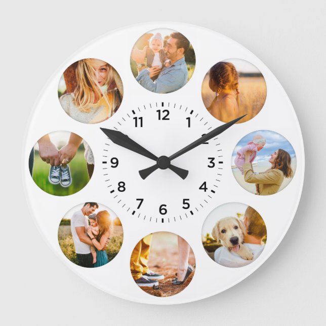 Personalised 8 Circle Photos Shadow Inlay Family Large Clock (Front)