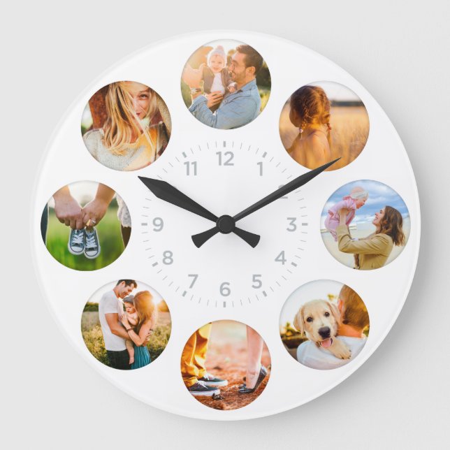 Personalised 8 Circle Photos Shadow Inlay Family Large Clock (Front)