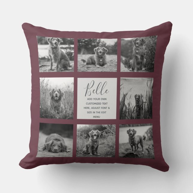 Personalised 8 Photo Collage Burgundy Throw Pillow (Front)