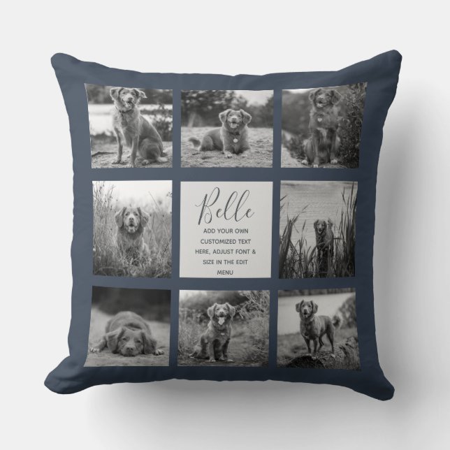 Personalised 8 Photo Collage Dark Blue Cushion (Front)
