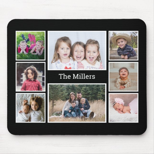 Personalised 8 Photo collage Family Name Black Mouse Pad (Front)