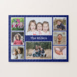 Personalised 8 Photo collage Family Name Blue  Jigsaw Puzzle<br><div class="desc">Unique photo collage  jigsaw puzzle personalised with 8 pictures and family name.</div>