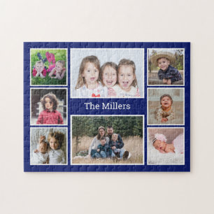 Personalised 8 Photo collage Family Name Blue Jigsaw Puzzle